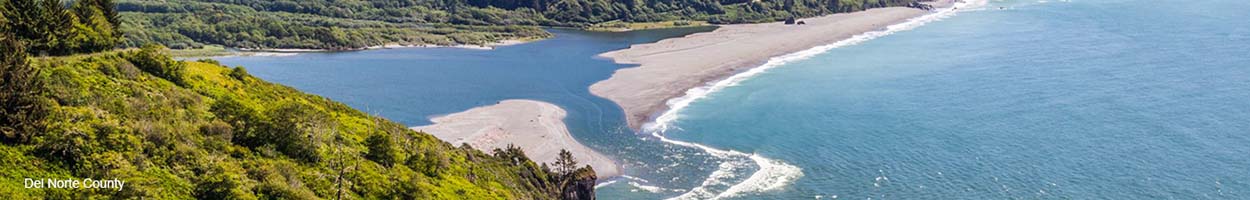 Landscape image of Del Norte County coast with text stating 